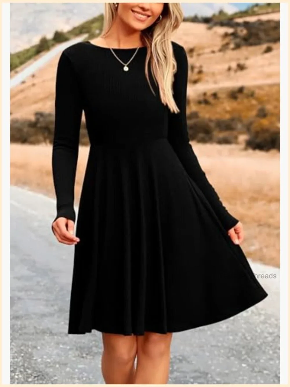 Ribbed Knit Crewneck Long Sleeve A-Line Mini Dress - Picture 5 of 7